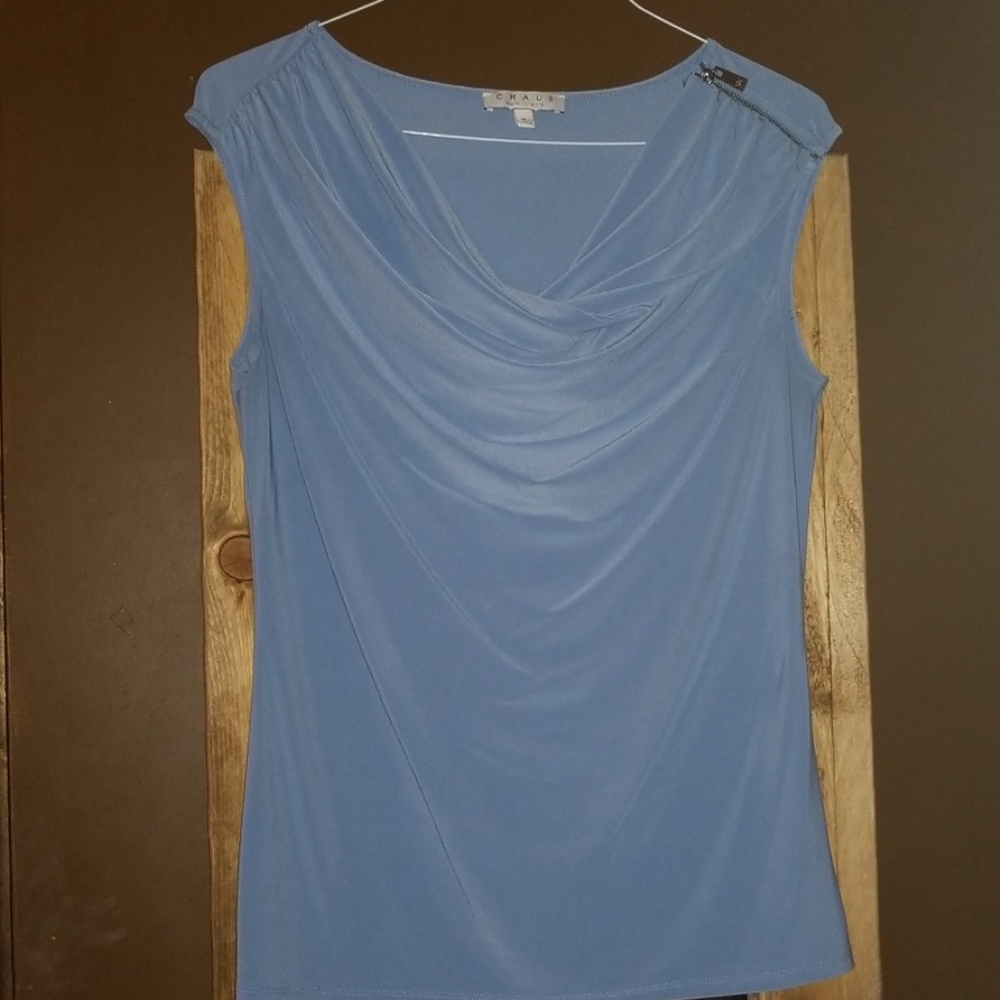 Baby blue sleeveless blouse with zipper accent